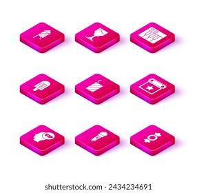 Set Vip inside head, Microphone, Ice cream, Firework rocket, Candy, Calendar party, Music synthesizer and Wine glass icon. Vector