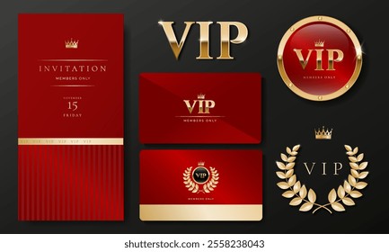 Set of VIP invitation card, flyer with golden elements on red background. Luxury premium design set for event invite, celebration party, formal reception, members cards	