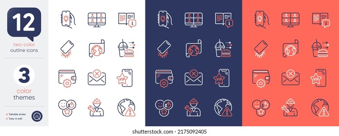 Set of Vip phone, Smartphone broken and Electric app line icons. Include Internet warning, Food delivery, Reject mail icons. Repairman, Manual, Video conference web elements. Like. Vector