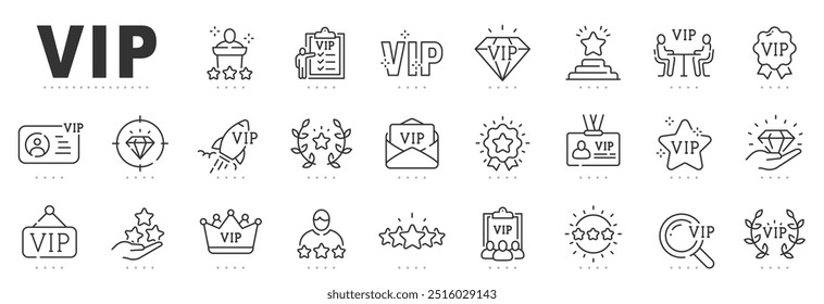 Set of VIP related line icons. Important, badge, member, club, card etc. Editable stroke