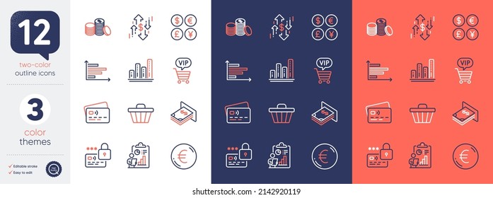 Set of Vip shopping, Card and Dollar rate line icons. Include Shop cart, Horizontal chart, Euro money icons. Atm money, Graph chart, Report web elements. Lock. For web, application. Vector