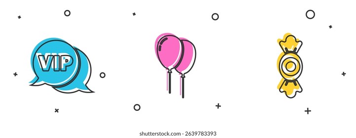 Set Vip in speech bubble, Balloons with ribbon and Candy icon. Vector