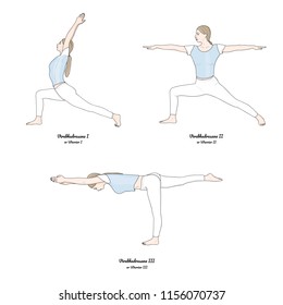 Set of Virabhadrasana I, II, III (Warrior I, II, III). Vector.