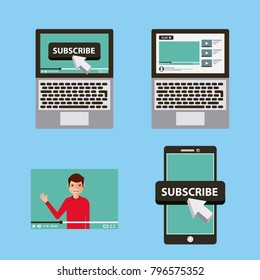 set of viral content icons laptop mobile video suscribe