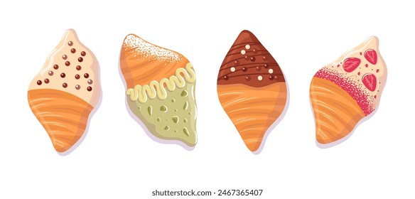 Croissants planos de moda virales con glaseado negro, blanco y verde y pistachos. crema de chocolate, crujiente. Ilustración vectorial de comida, estilo de dibujos animados. Para pegatinas, carteles, postales, Elementos de diseño.