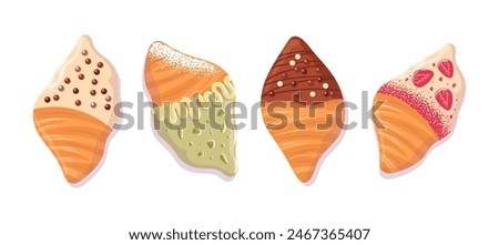 Set Viral trendy flat croissants with black, white and green icing and pistachios. chocolate cream, crispy. Food vector illustration, cartoon style. For stickers, posters, postcards, design elements.