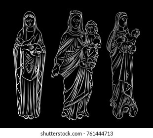 Set of Virgin  Mary or Saint Mary or Mother of God with baby Jesus Christ in her hands. Birth of Jesus. Hand drawn illustration. Blackwork adult flesh tattoo. Christmas holiday template. Vector.