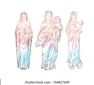 Set of Virgin Mary tattoo art. Symbol of Christianity religion, mother of Christ. Blackwork adult flesh tattoo concept. Saint Mary with a child Jesus template concept. Vector.