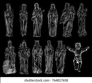 Set of Virgin Mary tattoo art. Symbol of Christianity religion, mother of Christ. Blackwork adult flesh tattoo concept. Saint Mary with a child Jesus template concept. Vector.