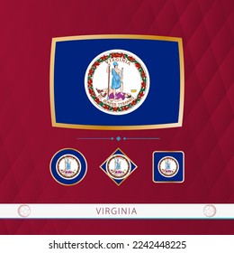 Set of Virginia flags with gold frame for use at sporting events on a burgundy abstract background. Vector collection of flags.