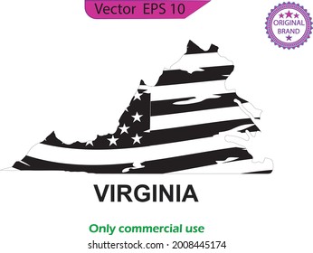 Set of Virginia US state map. Map of the United States of America. States of the USA. US map with state border. Distressed American flag with splash elements, flag of America, patriot, military.