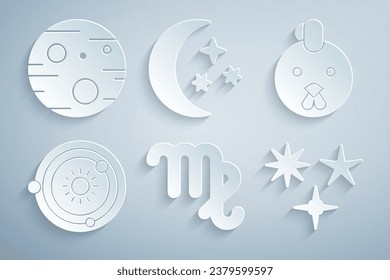 Set Virgo zodiac, Rooster, Solar system, Falling star, Moon and stars and Planet Mars icon. Vector