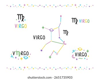 Conjunto de canções do zodíaco de Virgem. Constelações coloridas de desenhos animados e letras cantam. Tatuagem de talismã de caneta de feltro desenhado à mão, logotipo, adesivo. Elemento isolado.