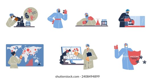 Set of virologist people working flat style, vector illustration isolated on white background. Decorative design elements collection, men and women in special uniform, science