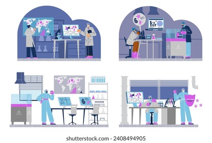 Set of virologist and scientist researching epidemic, studying viruses, making analysis and test. Doctors in mask and protective suits working in laboratory. Flat vector illustration banners.