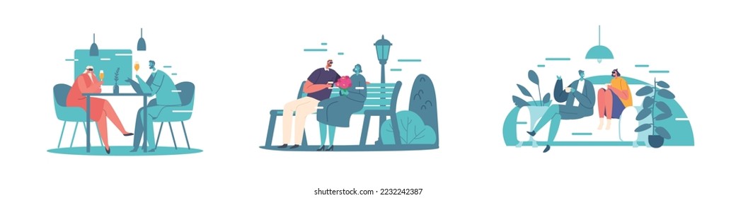 Set Virtual Dating, People Use Vr Technology for Date. Male and Female Characters Wearing Augmented Reality Goggles Meet with Unreal Persons in Cyberspace. Cartoon Vector Illustration