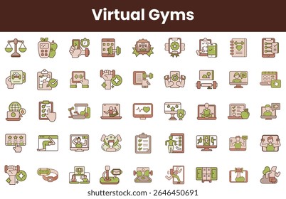 Set of virtual gym icons showcasing fitness features, technology, and health tracking in a modern design, highlighting wellness and motivation.