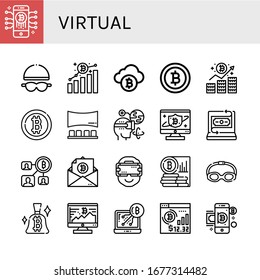 Set of virtual icons. Such as Bitcoin, Goggles, Panorama, Augmented reality, Fintech, Ar glasses , virtual icons