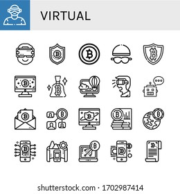 Set of virtual icons. Such as Virtual reality, Ar glasses, Bitcoin, Goggles, Virtual, Chatbot, Panorama , icons