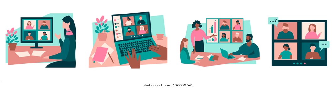 Set of virtual meeting concepts for work, study. Woman at desktop, laptop, woman leader holds video conference, webinar, colleagues in video chat. Flat image isolated on white background. Vector. 