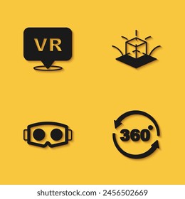 Set Virtual reality, 360 degree view, glasses and 3d modeling icon with long shadow. Vector