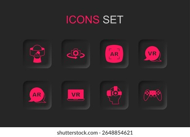 Set Virtual reality, 360 degree view, glasses, Gamepad, Augmented AR and  icon. Vector