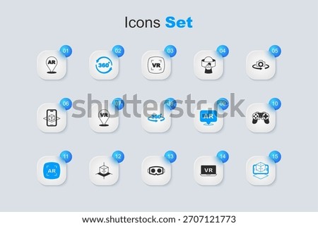 Set Virtual reality, 360 degree view, Augmented AR, 3d modeling, Gamepad,  and  icon. Vector