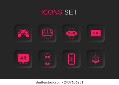 Set Virtual reality, 3d modeling, Gamepad, 360 degree view and Augmented AR icon. Vector