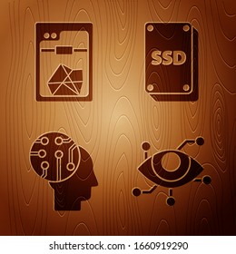 Set Virtual reality, 3D printer, Human brain as digital circuit board and SSD card on wooden background. Vector