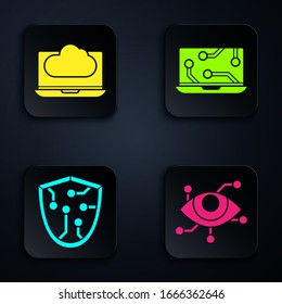 Set Virtual reality, Cloud technology data transfer and storage, Cyber security and Laptop. Black square button. Vector