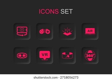 Set Virtual reality, Gamepad, 3d modeling, 360 degree view, Augmented AR,  and glasses icon. Vector