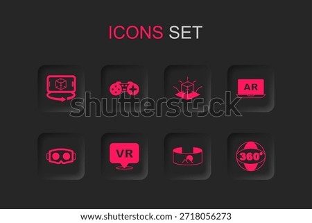 Set Virtual reality, Gamepad, 3d modeling, 360 degree view, Augmented AR,  and glasses icon. Vector