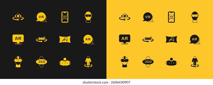 Set Virtual reality glasses, 360 degree view, Wide angle picture, 3d modeling,  and  icon. Vector