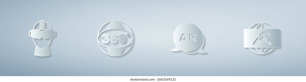 Conjunto de gafas de realidad virtual, vista de 360 grados, realidad aumentada y imagen de gran angular. Estilo de arte de papel. Vector
