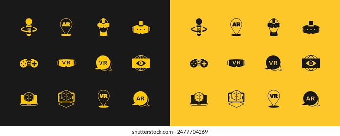 Set Virtual reality glasses, 3d modeling, VR controller game and Augmented AR icon. Vector