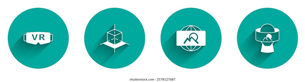 Set Virtual reality glasses, 3d modeling, Wide angle picture and  icon with long shadow. Vector