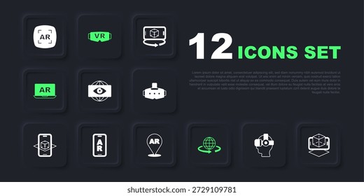 Conjunto de gafas de realidad virtual, modelado 3D, ojo electrónico de Gran hermano, AR aumentado e icono. Vector