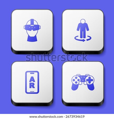 Set Virtual reality glasses, 3d modeling, Augmented AR and Gamepad icon. White square button. Vector