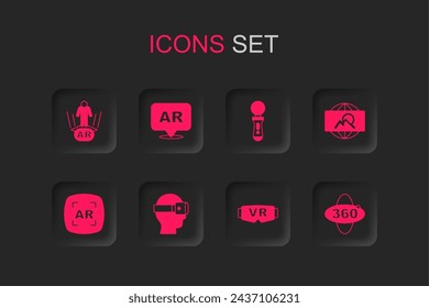 Set Virtual reality glasses, Augmented AR, Wide angle picture, 360 degree view, VR controller game and  icon. Vector