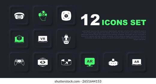 Definir óculos de realidade virtual, AR aumentado, modelagem 3D, olho eletrônico Big Brother e ícone de 360 graus de visão. Vetor