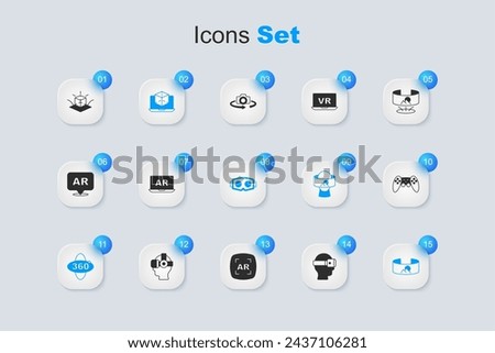 Set Virtual reality glasses, Augmented AR, 3d modeling, 360 degree view, Gamepad,  and  icon. Vector