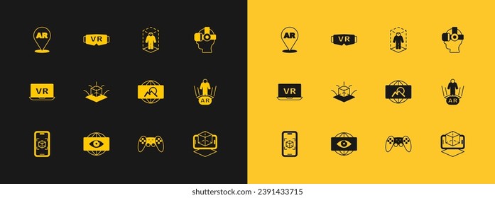 Set Virtual reality glasses, Big brother electronic eye, Wide angle picture, Gamepad, 3d modeling, Augmented AR and  icon. Vector