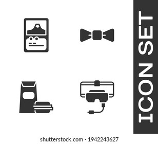 Set Virtual Reality Glasses, Card Game, Burger And Bow Tie Icon. Vector