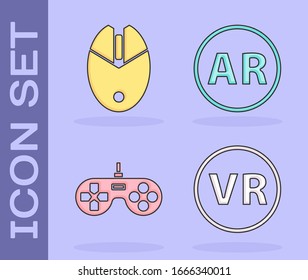 Establecer lentes de realidad virtual, juegos de ratón de ordenador, Gamepad y Ar, icono de realidad aumentada. Vector