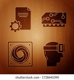 Establecer lentes de realidad virtual, documento de archivo, enfriador de computadora y RAM, memoria de acceso aleatorio en fondo de madera. Vector