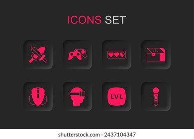 Set Virtual reality glasses, Game controller or joystick, Sword for game, Level, Chest, VR, life bar and Computer mouse icon. Vector
