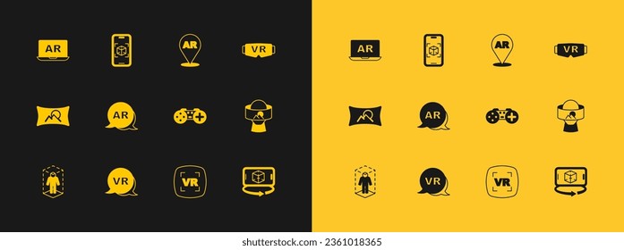 Establezca Gafas de realidad virtual, Gamepad, AR aumentado e icono de modelado 3d. Vector
