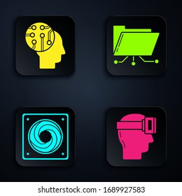 Establezca lentes de realidad virtual, cerebro humano como tarjeta de circuito digital, refrigerador de ordenador y Carpeta y bloqueo. Botón cuadrado negro. Vector