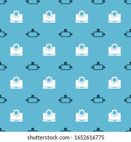 Set Virtual reality glasses and Laptop and gear on seamless pattern. Vector