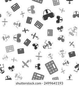 Set Virtual reality glasses, Pills in blister pack, Robot and UAV Drone on seamless pattern. Vector